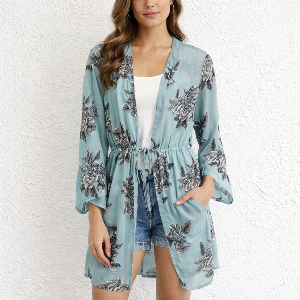 BKE Boutique Floral Sheer Kimono Cardigan with Adjustable Waist